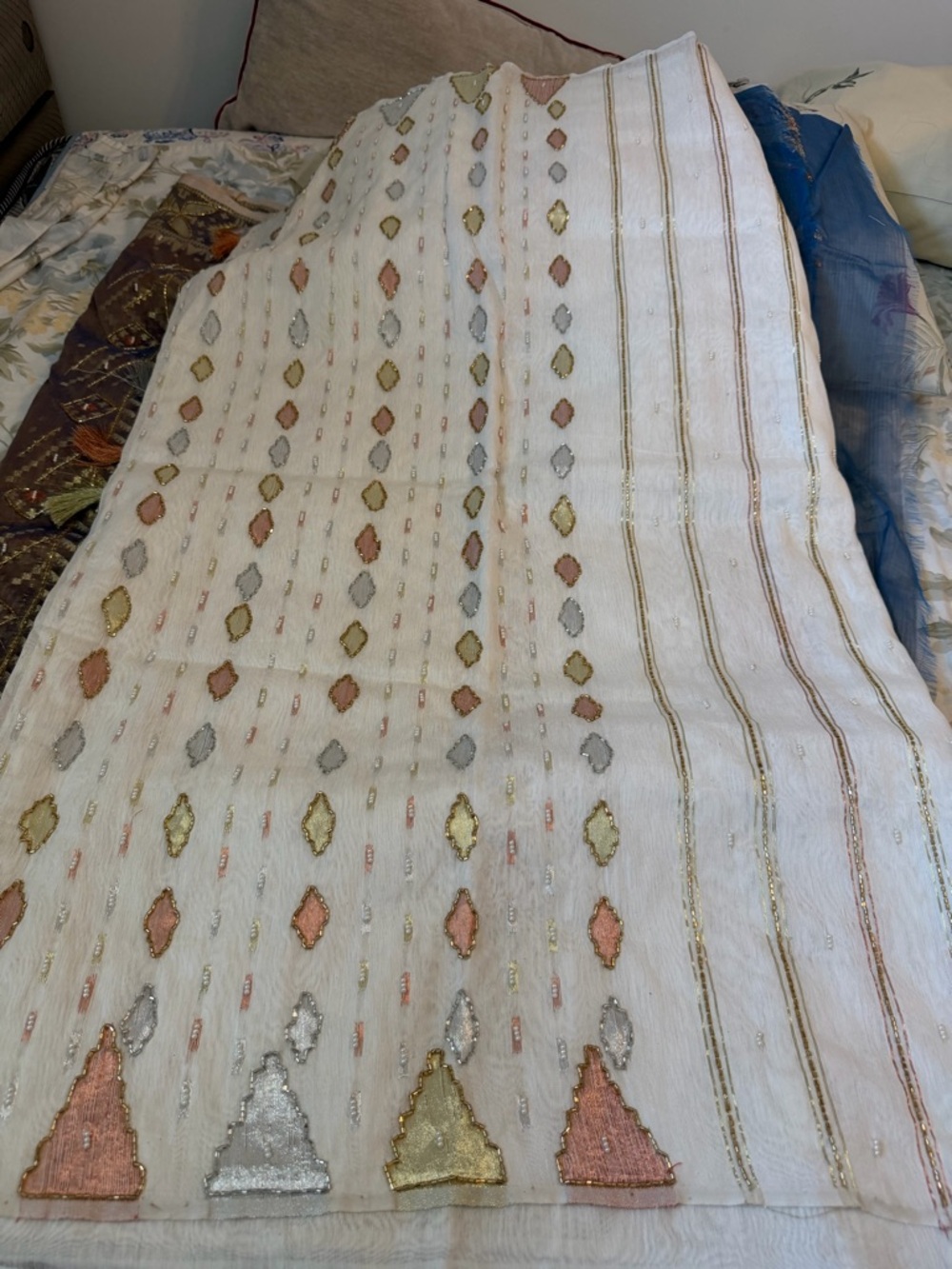 Embroidered White Handloom Textile with Metallic Accents